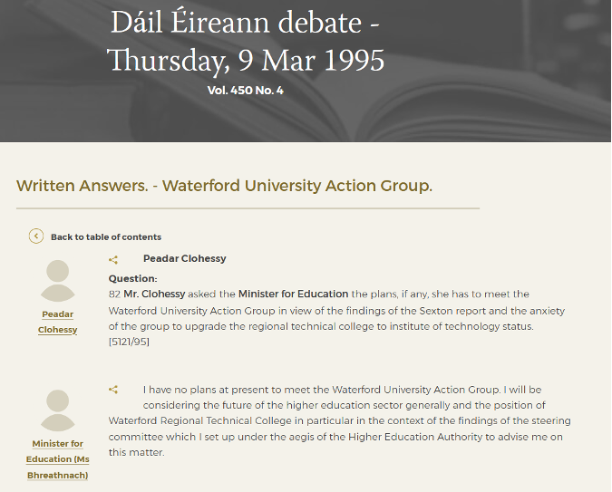 Dáil Éireann debate on Waterford University Action Group, March 1995