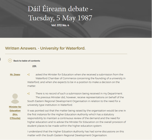 Dáil Éireann debate on a University for Waterford, May 1987