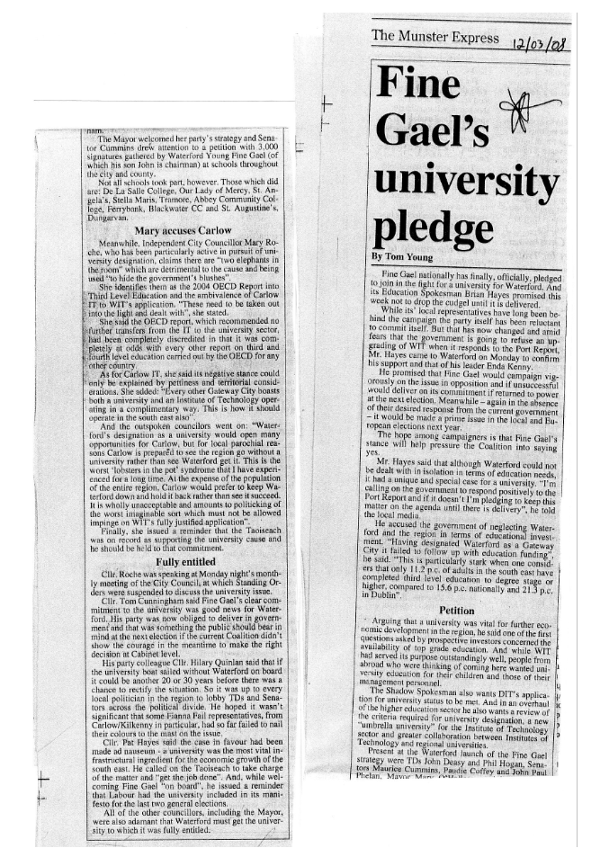 Fine Gael's pledge for a university in Waterford as seen in the Munster Express